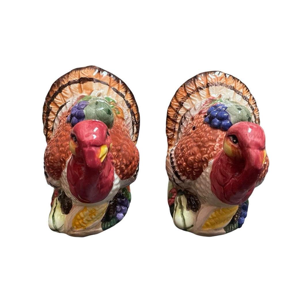 Vintage Thanksgiving Ceramic Turkey Harvest Salt & Pepper Shakers Set w Box